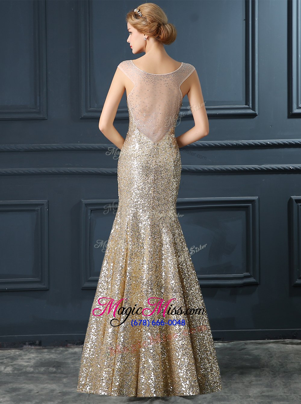 wholesale affordable champagne mermaid v-neck sleeveless sequined floor length zipper sequins prom party dress