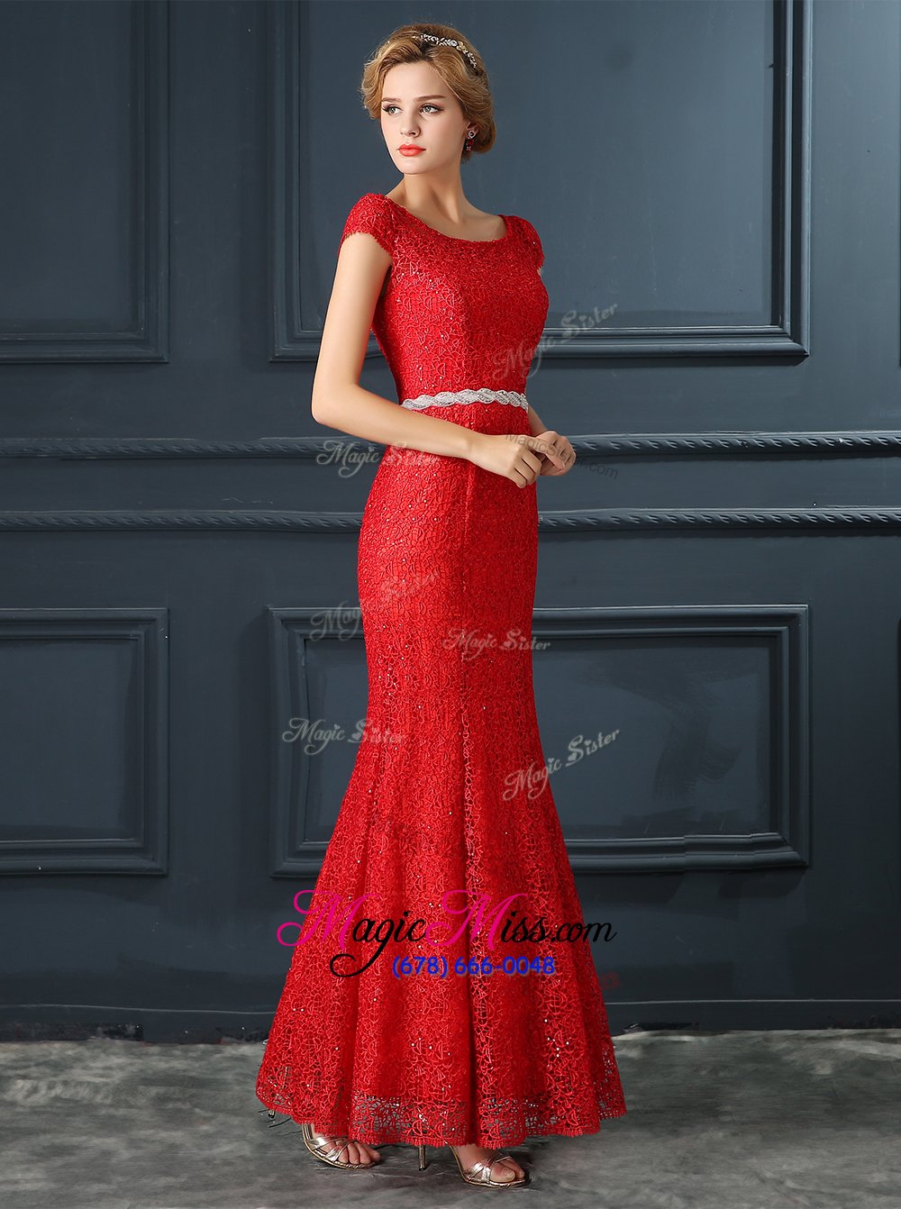wholesale enchanting mermaid red prom and party and for with beading scoop cap sleeves lace up