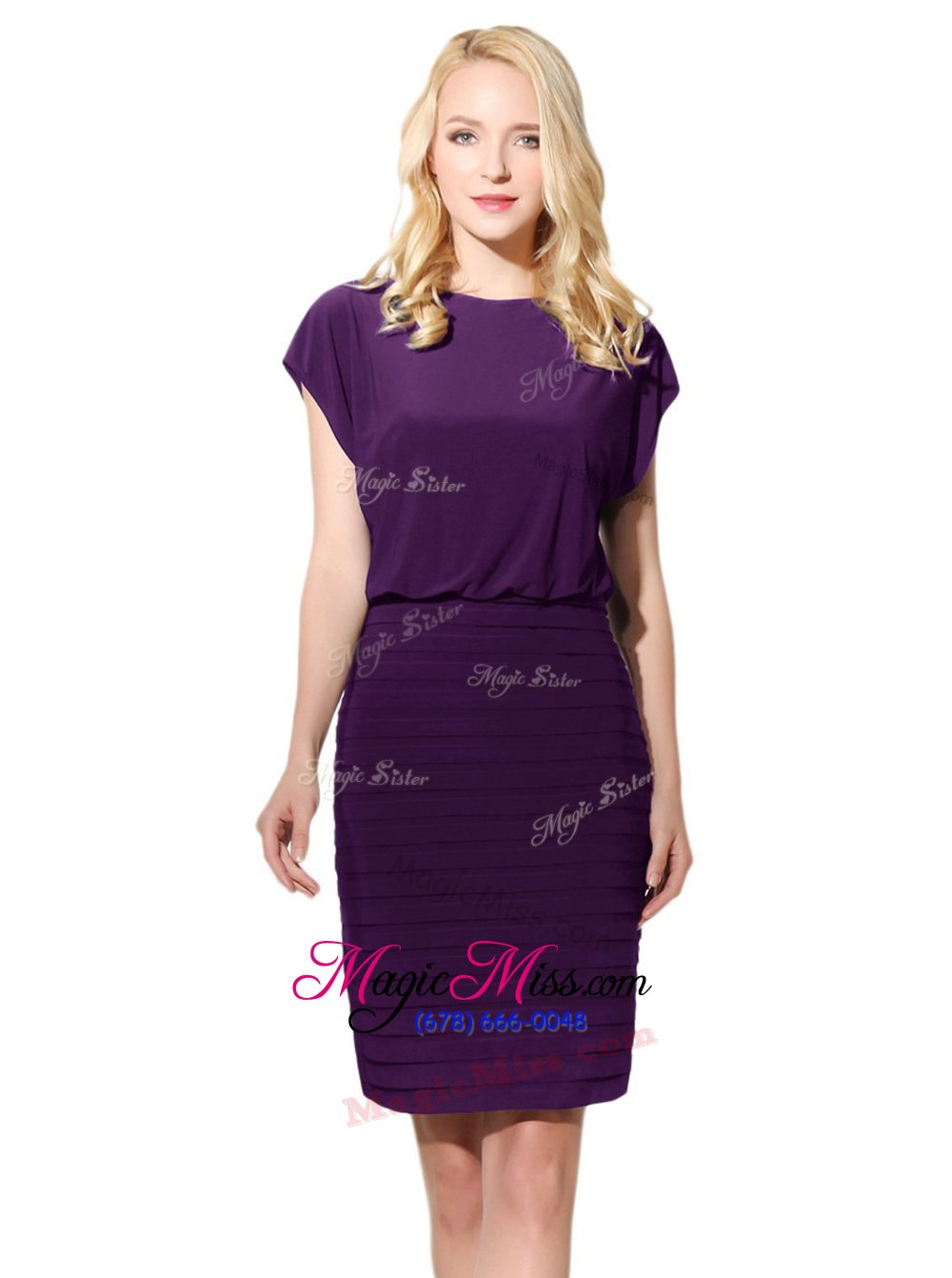 wholesale customized black and navy blue and purple column/sheath bateau cap sleeves silk like satin mini length zipper ruffles prom dresses