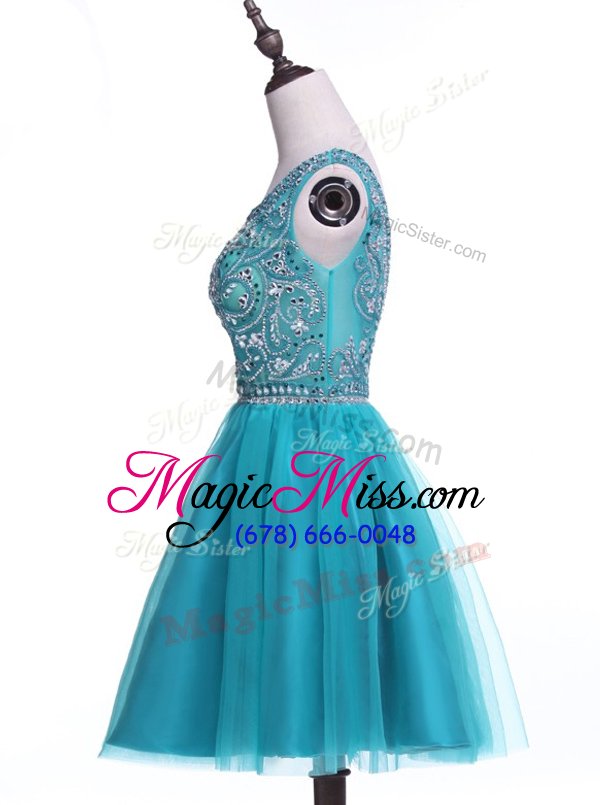 wholesale high quality scoop turquoise sleeveless beading and sequins mini length prom evening gown