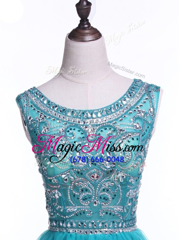 wholesale high quality scoop turquoise sleeveless beading and sequins mini length prom evening gown
