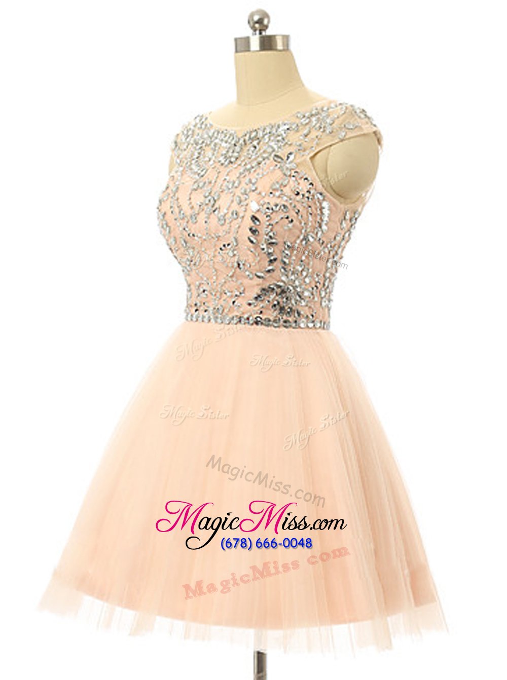 wholesale modest scoop knee length peach dress for prom tulle sleeveless beading and sequins