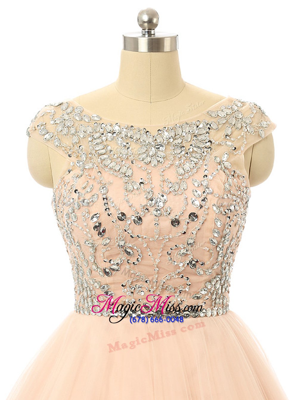 wholesale modest scoop knee length peach dress for prom tulle sleeveless beading and sequins