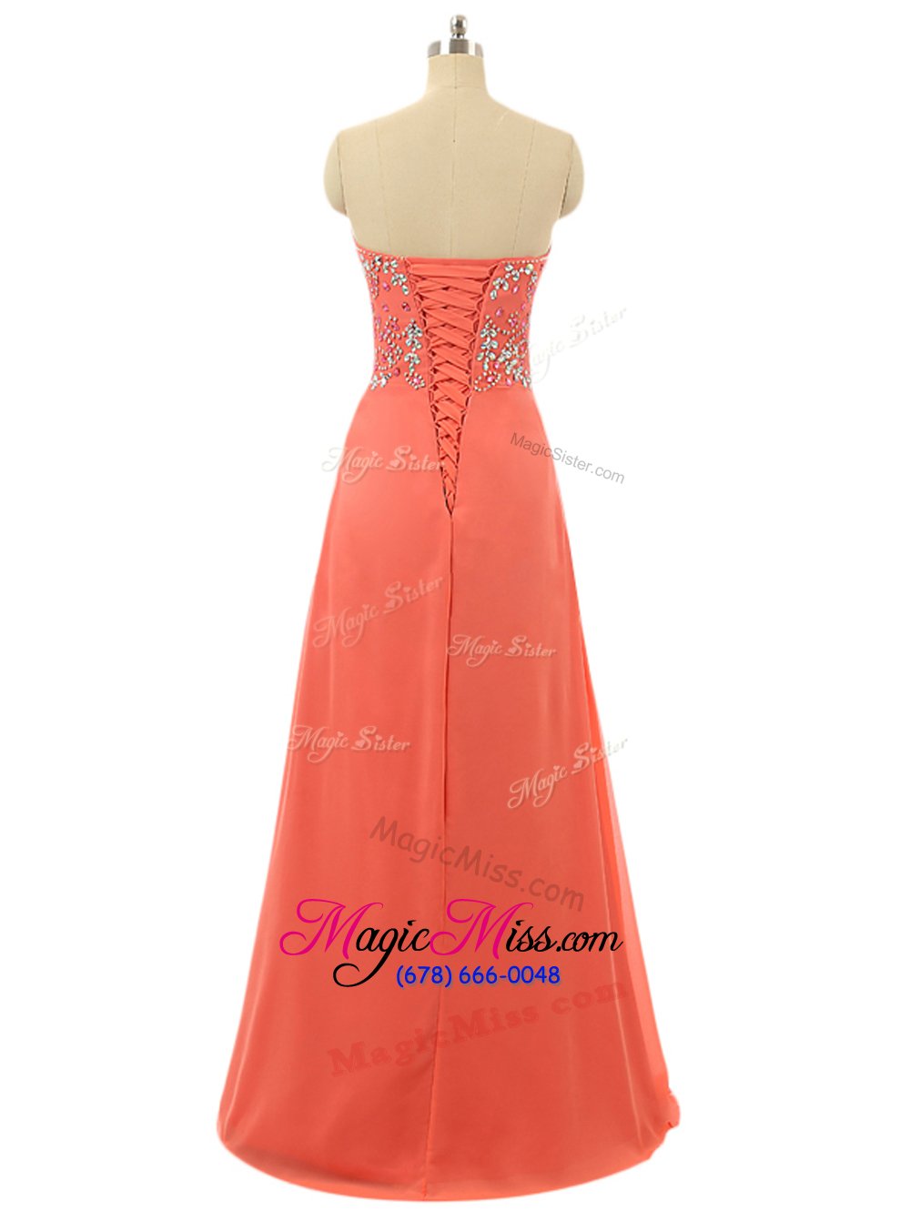 wholesale romantic chiffon sweetheart sleeveless lace up beading juniors evening dress in orange red