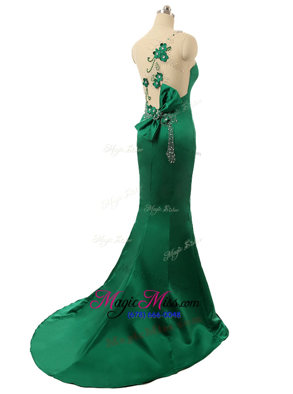 wholesale custom designed mermaid green scoop neckline beading and bowknot and hand made flower runway inspired dress sleeveless zipper