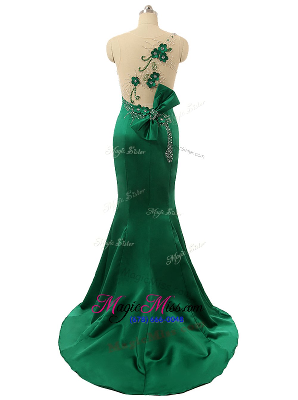 wholesale custom designed mermaid green scoop neckline beading and bowknot and hand made flower runway inspired dress sleeveless zipper