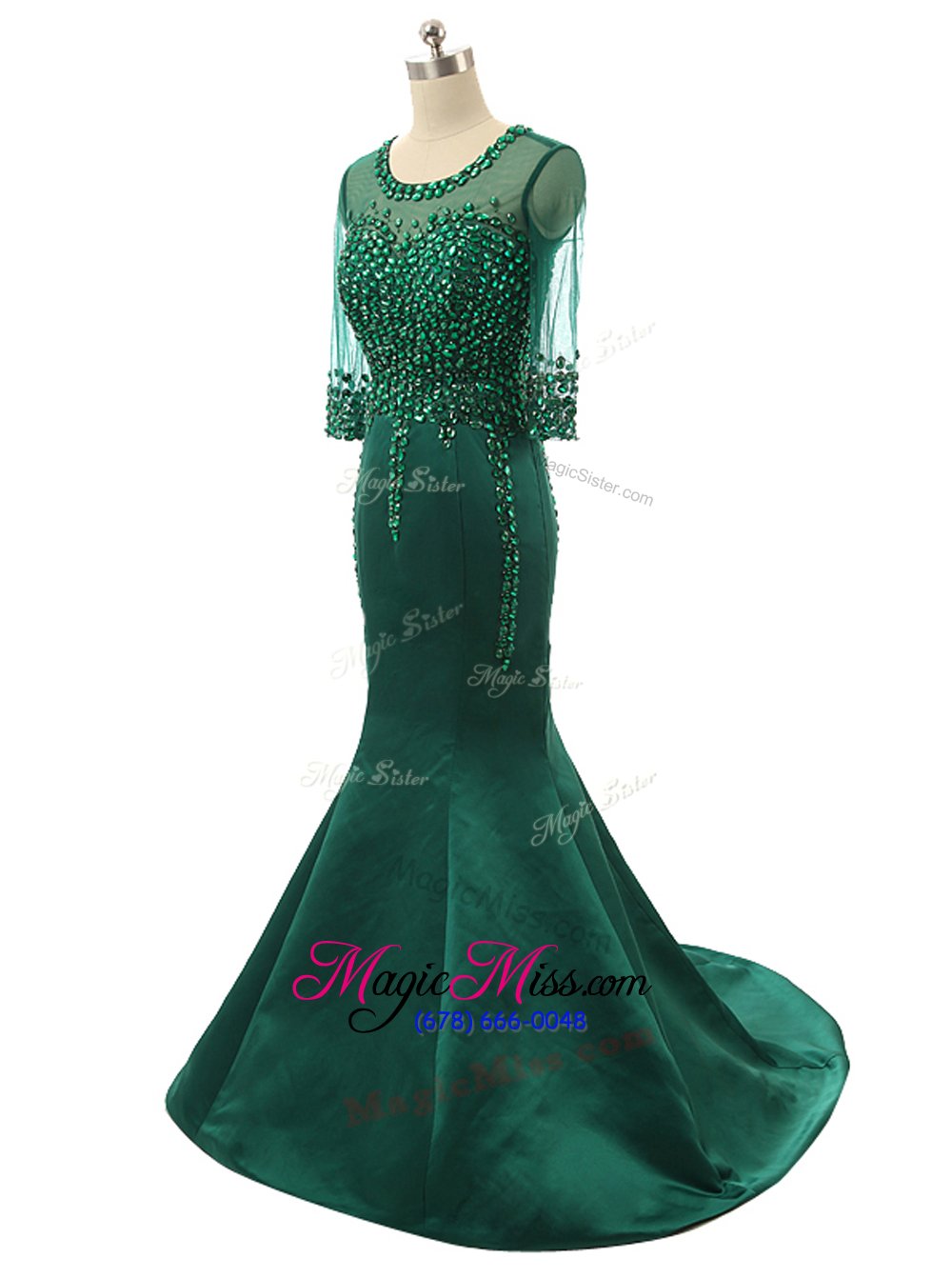 wholesale shining mermaid scoop green prom party dress satin brush train 3|4 length sleeve beading
