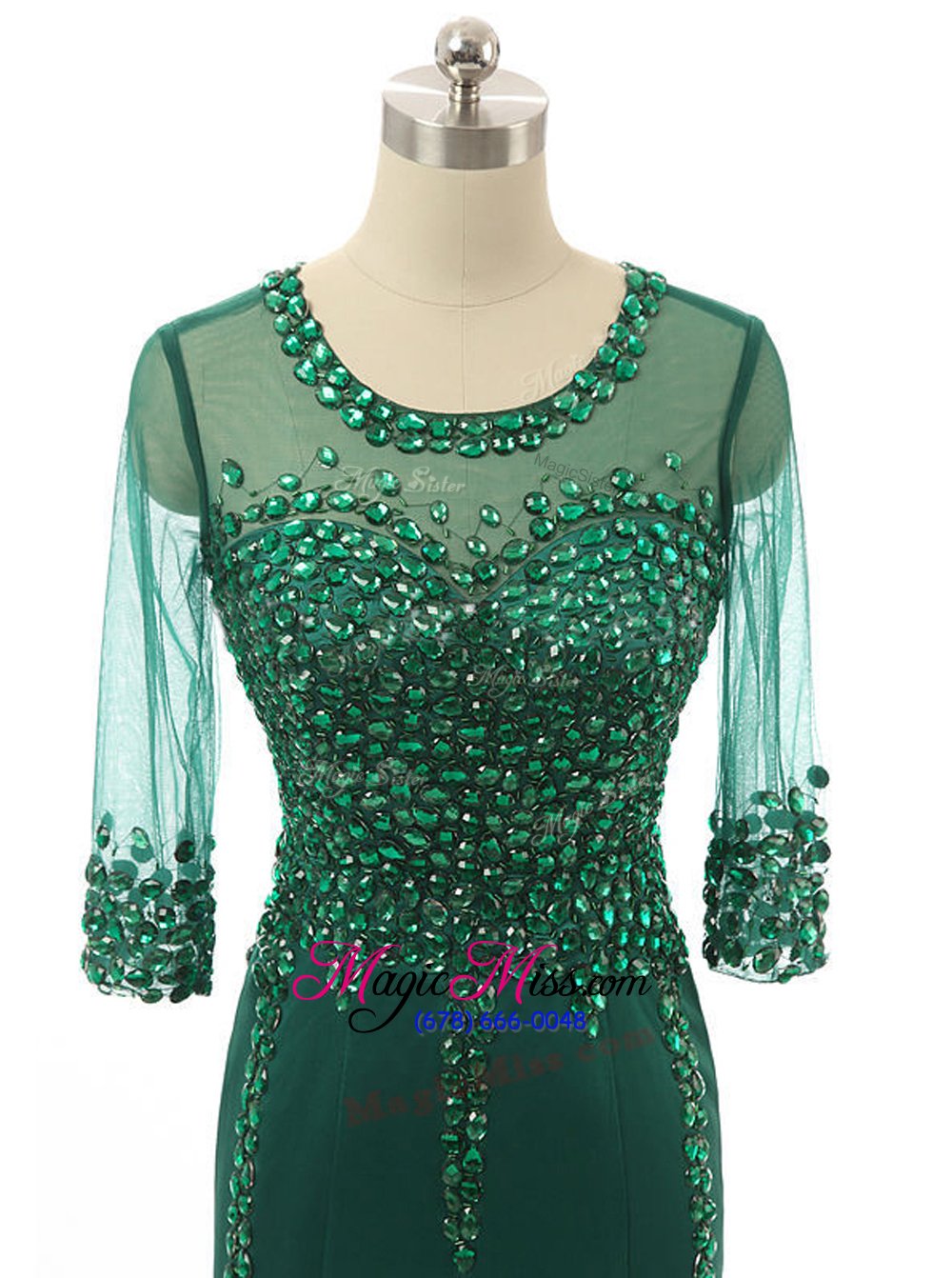 wholesale shining mermaid scoop green prom party dress satin brush train 3|4 length sleeve beading