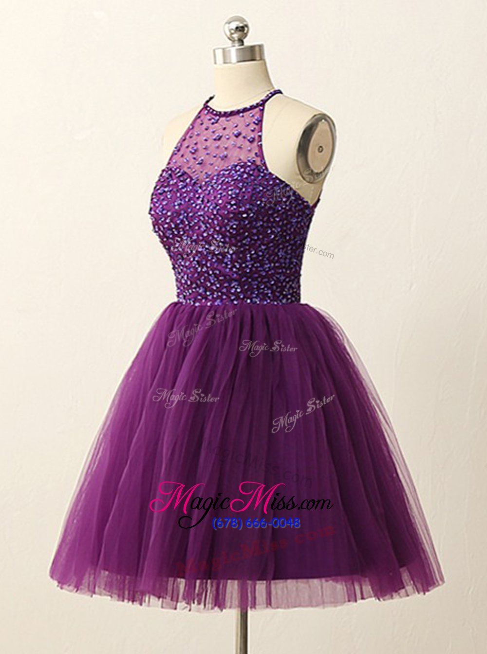 wholesale fabulous halter top burgundy tulle zipper prom dresses sleeveless mini length beading and sequins