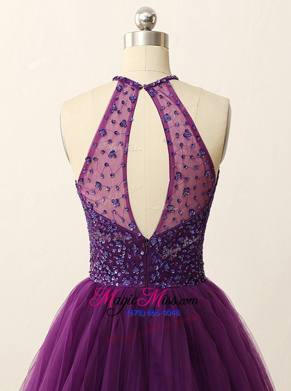 wholesale fabulous halter top burgundy tulle zipper prom dresses sleeveless mini length beading and sequins