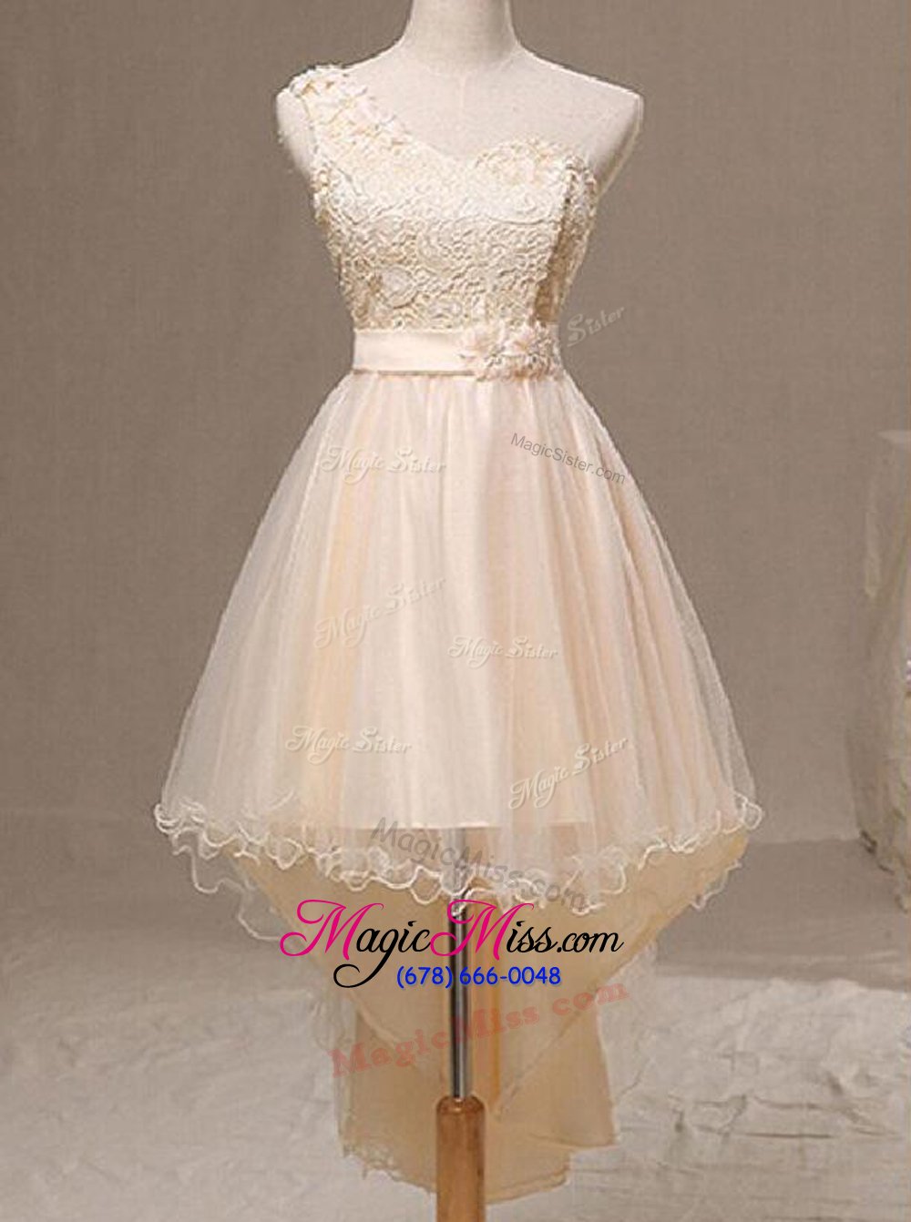 wholesale new style one shoulder pleated knee length a-line sleeveless champagne prom party dress lace up