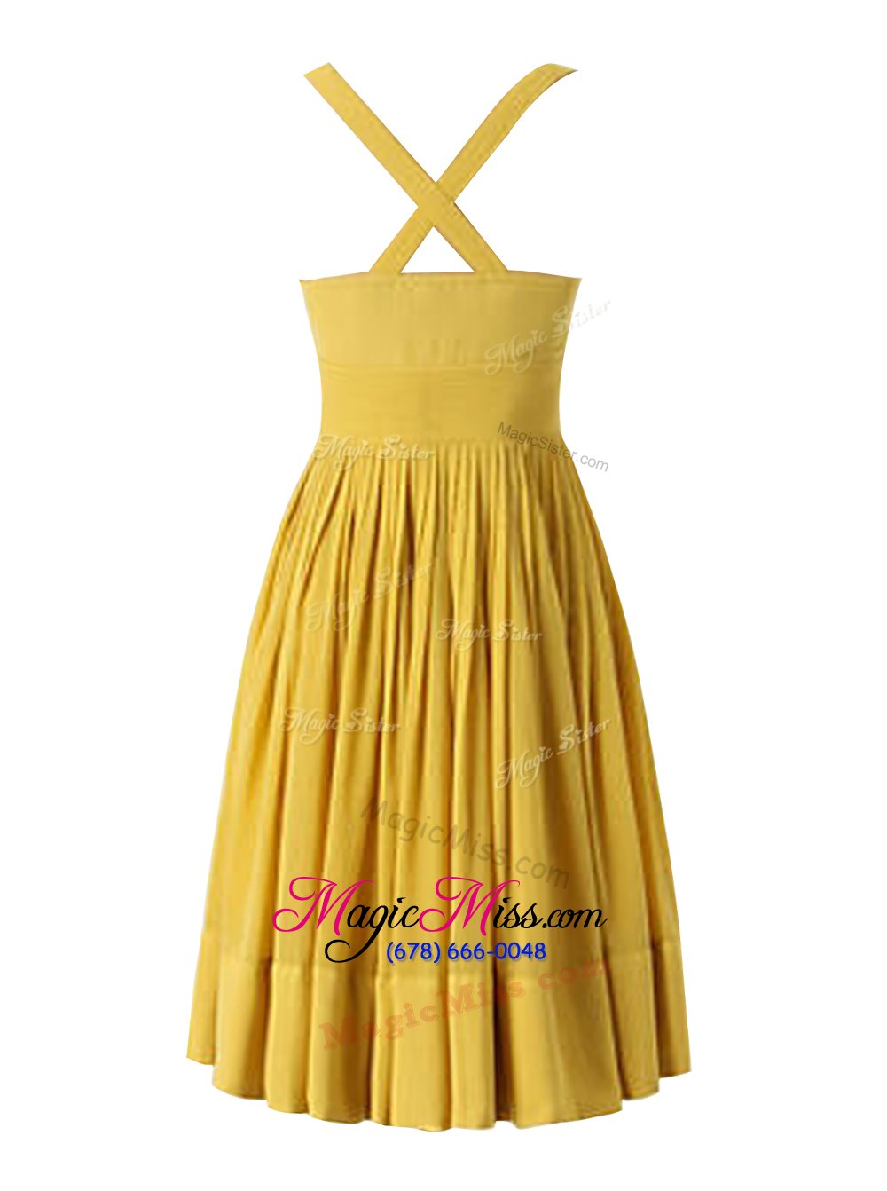 wholesale graceful pleated knee length a-line sleeveless yellow prom dress criss cross