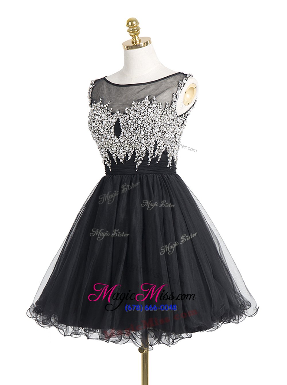 wholesale most popular black a-line scoop sleeveless organza mini length zipper beading and sequins cocktail dress