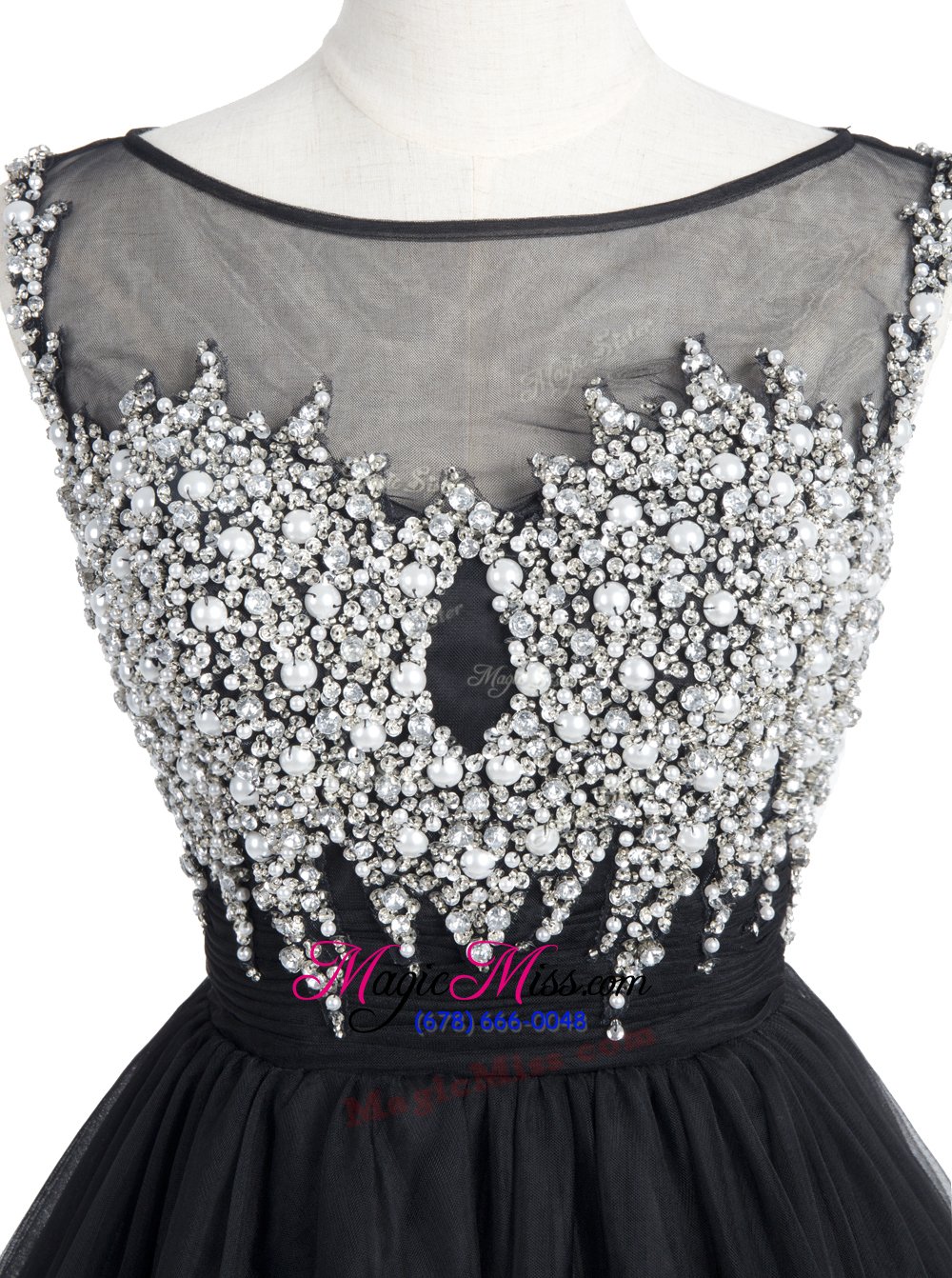 wholesale most popular black a-line scoop sleeveless organza mini length zipper beading and sequins cocktail dress
