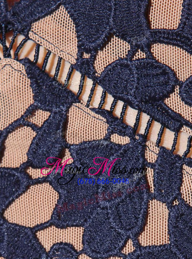 wholesale captivating blue and navy blue zipper evening dresses lace sleeveless tea length