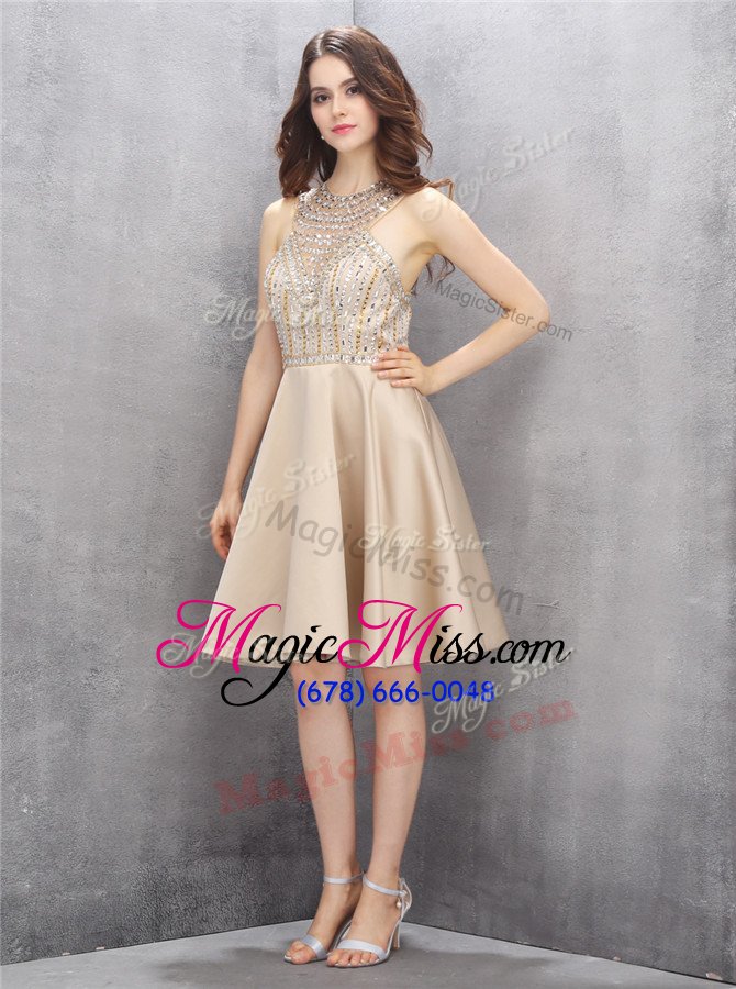 wholesale latest champagne sleeveless knee length beading criss cross prom gown