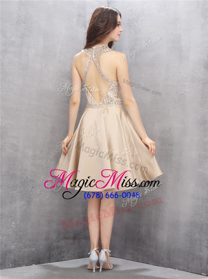 wholesale latest champagne sleeveless knee length beading criss cross prom gown