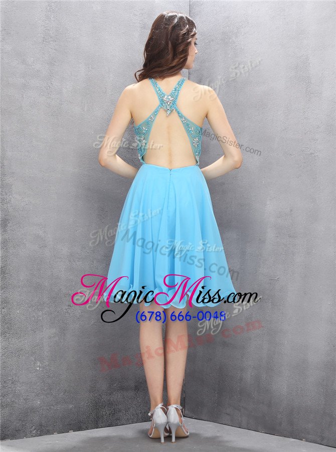 wholesale cheap a-line prom dress blue scoop chiffon sleeveless knee length criss cross