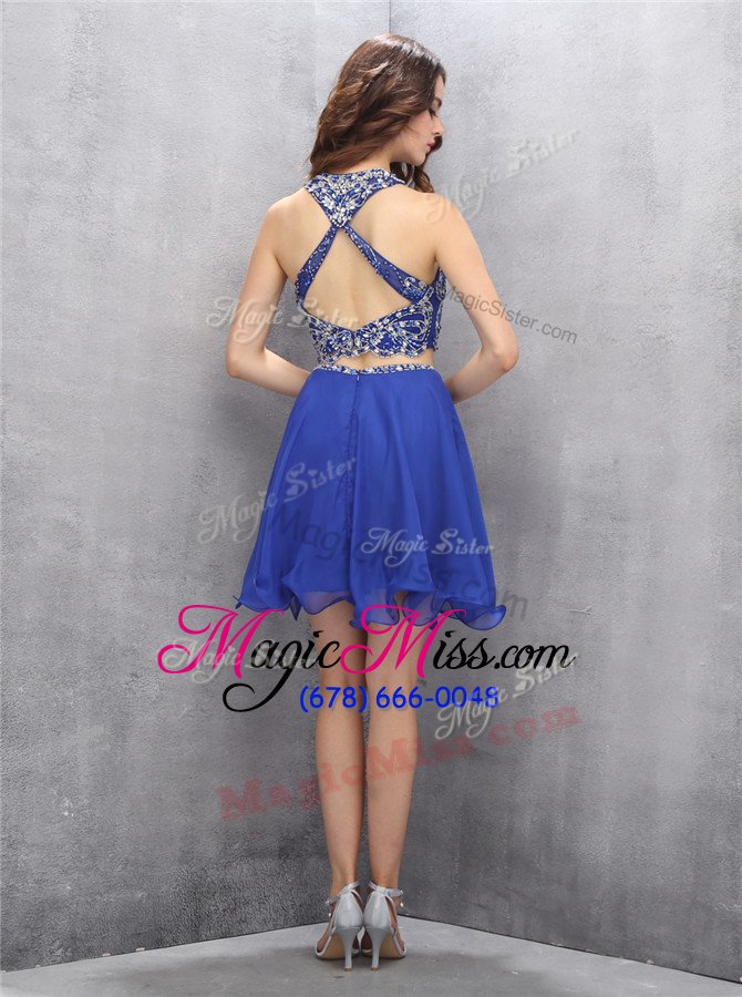 wholesale romantic scoop royal blue sleeveless chiffon criss cross evening dress