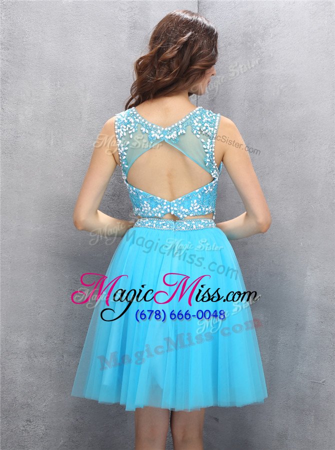 wholesale excellent blue scoop backless beading dress for prom sleeveless