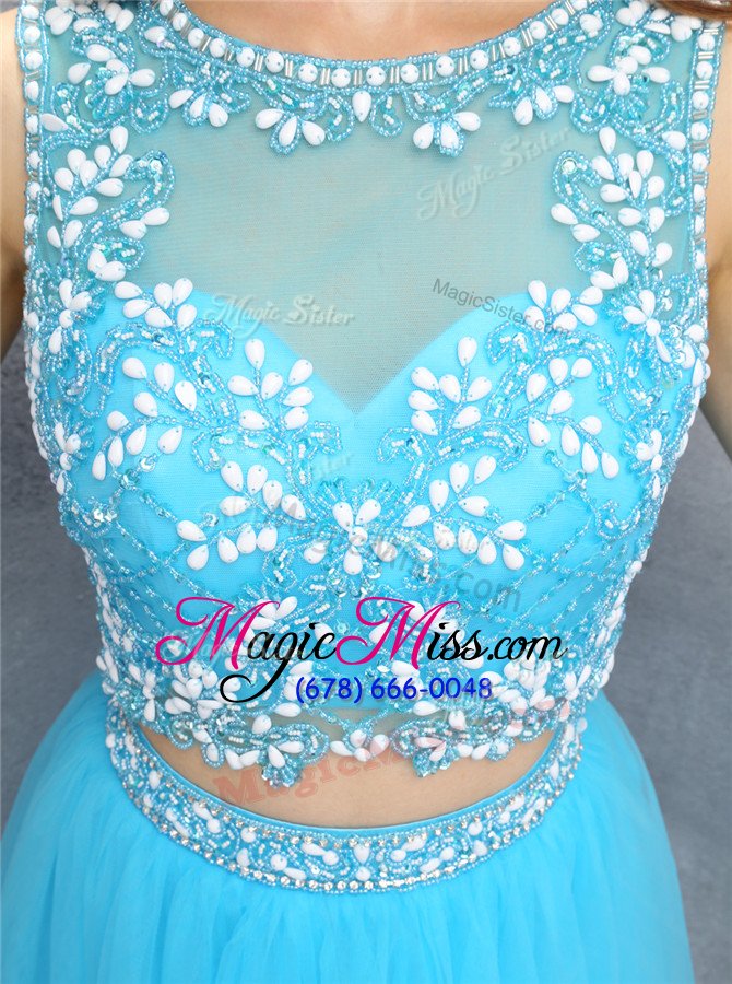 wholesale excellent blue scoop backless beading dress for prom sleeveless