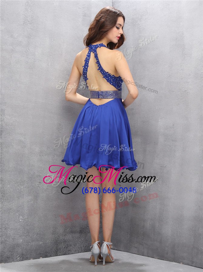 wholesale shining mini length royal blue prom dress v-neck sleeveless backless