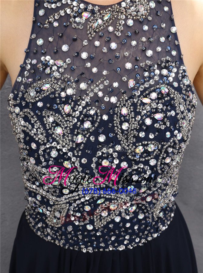 wholesale amazing halter top black sleeveless chiffon backless evening dress for prom