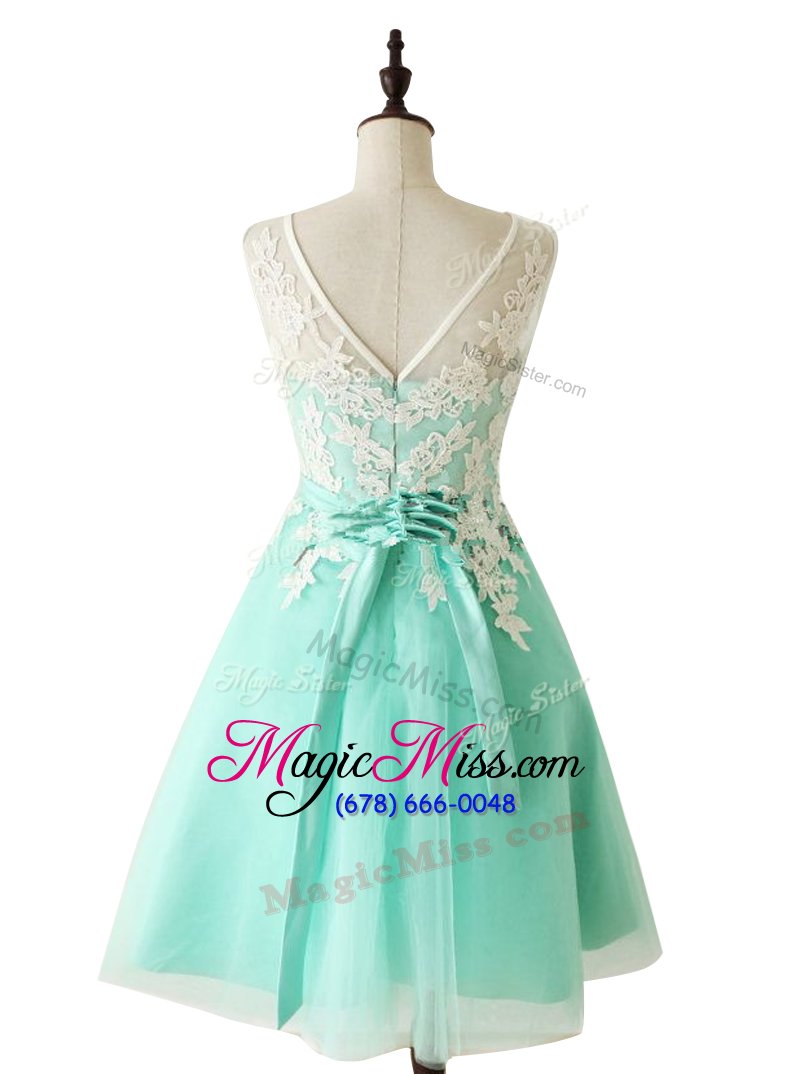 wholesale inexpensive aqua blue a-line scoop sleeveless organza knee length zipper appliques and sashes|ribbons homecoming dress