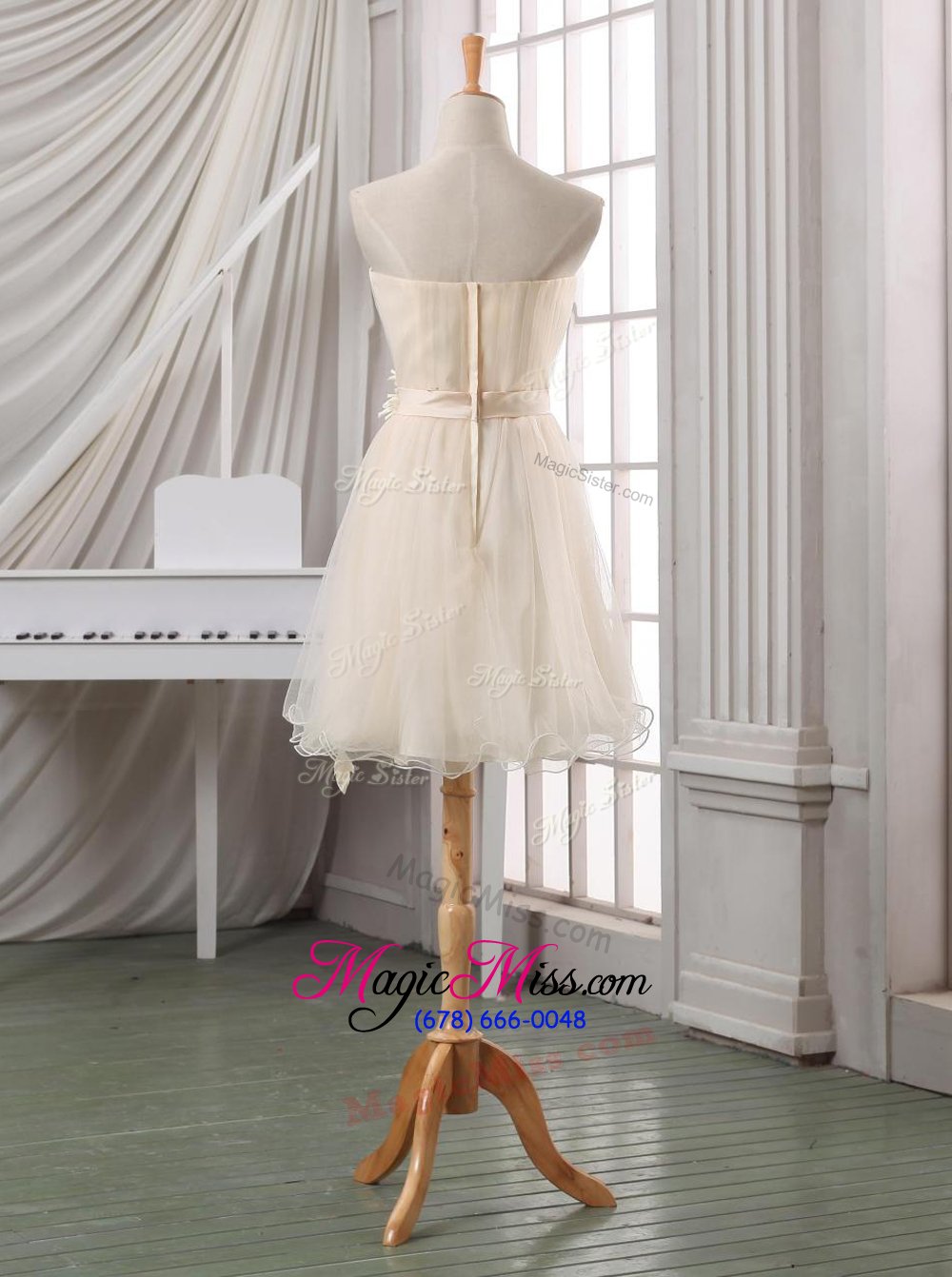 wholesale hot sale white and champagne tulle zipper strapless sleeveless knee length belt and hand made flower