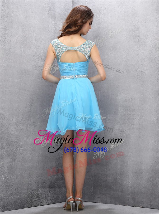 wholesale fashion blue chiffon zipper scoop sleeveless knee length cocktail dresses beading