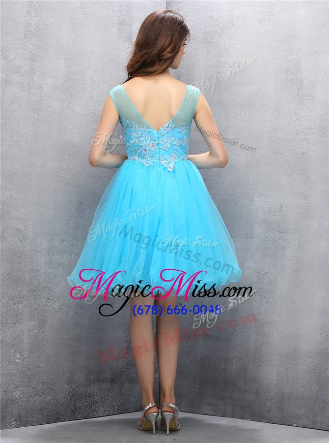 wholesale decent scoop sleeveless evening dress knee length beading and appliques blue tulle