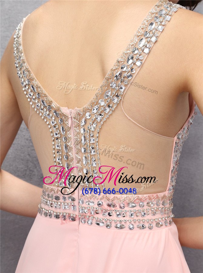 wholesale designer v-neck sleeveless evening dress knee length beading baby pink chiffon