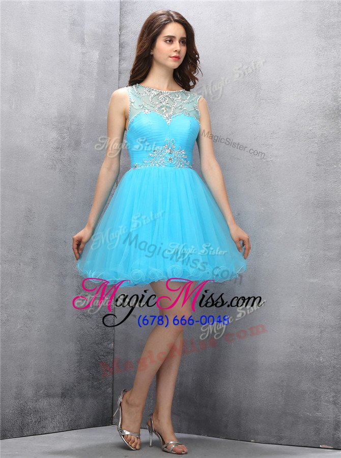 wholesale inexpensive scoop blue sleeveless beading mini length homecoming dress