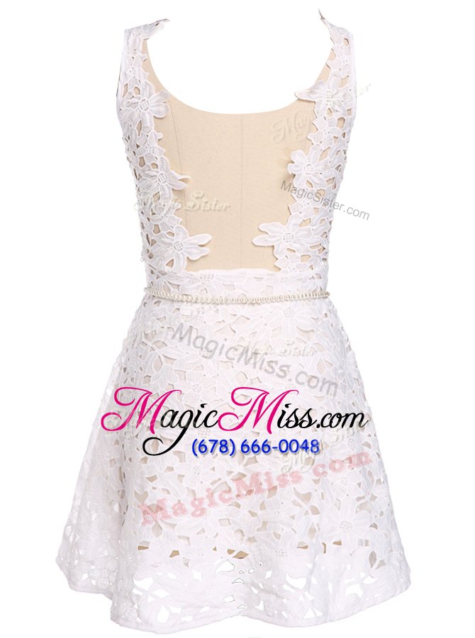 wholesale cheap scoop sleeveless evening dress mini length lace and belt white lace