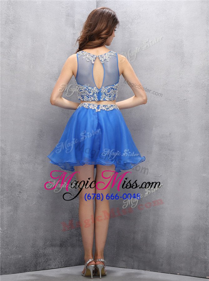 wholesale scoop royal blue organza zipper homecoming dress sleeveless mini length beading