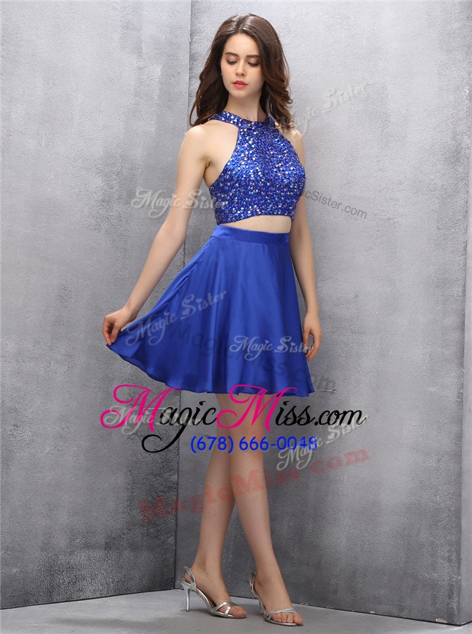 wholesale inexpensive mini length royal blue homecoming dress halter top sleeveless zipper