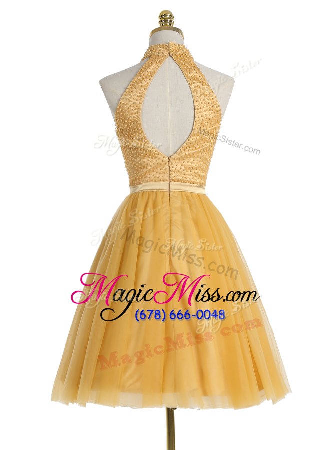 wholesale attractive sleeveless organza mini length zipper party dress for toddlers in gold for with beading