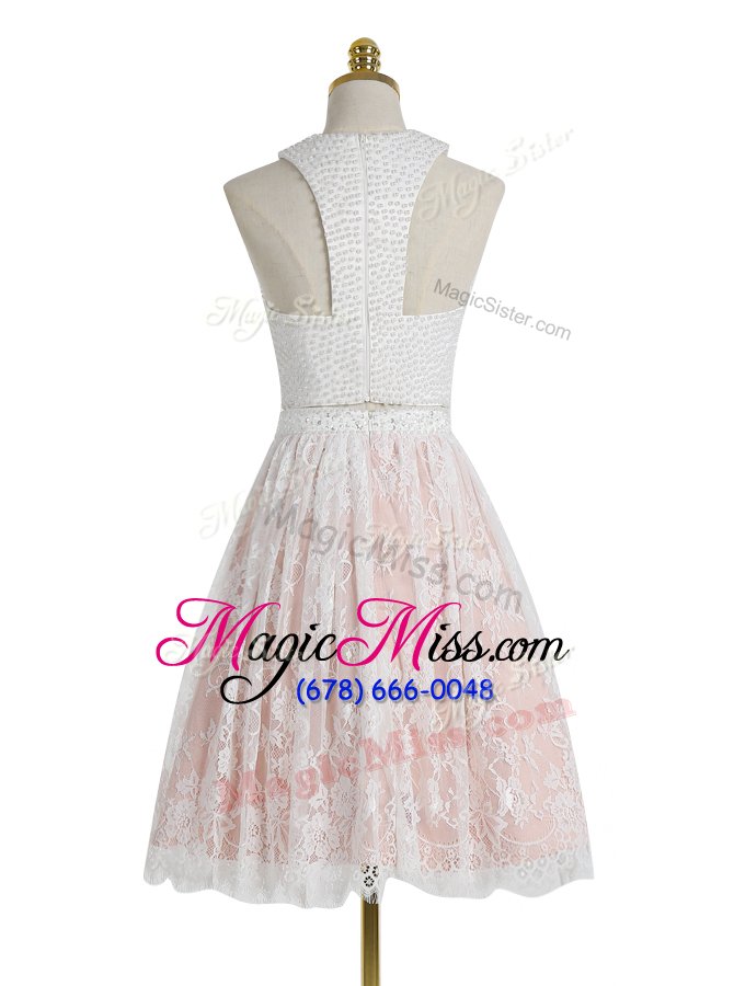 wholesale exquisite halter top white a-line beading ball gown prom dress zipper lace sleeveless knee length