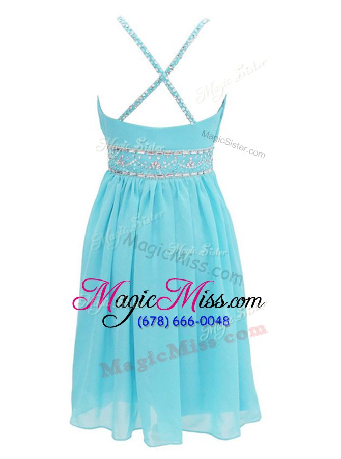 wholesale top selling halter top criss cross knee length aqua blue homecoming dress chiffon sleeveless beading