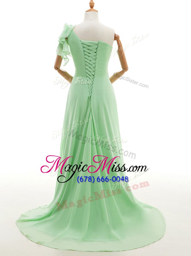 wholesale beautiful one shoulder sleeveless sweep train ruffles and hand made flower lace up celebrity inspired dress