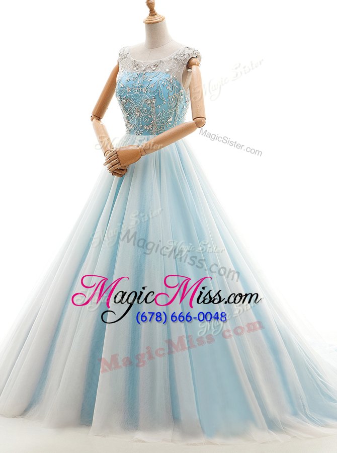 wholesale latest scoop sleeveless tulle with train court train lace up winning pageant gowns in light blue for with beading