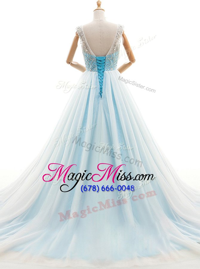 wholesale latest scoop sleeveless tulle with train court train lace up winning pageant gowns in light blue for with beading