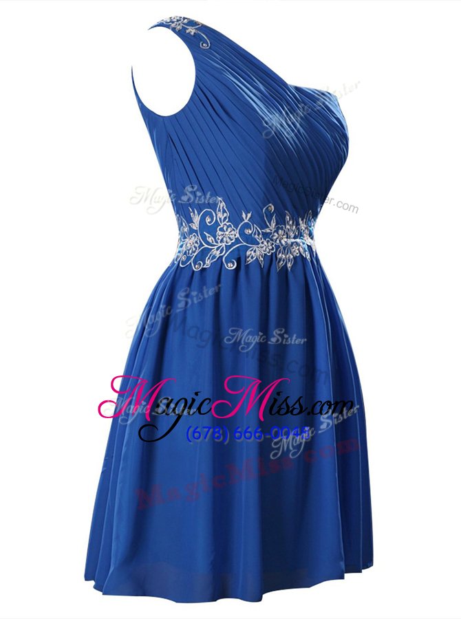 wholesale cheap royal blue a-line one shoulder sleeveless chiffon mini length zipper appliques and ruffles homecoming dress