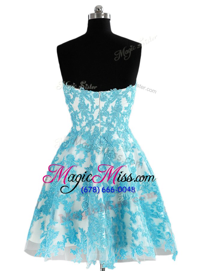 wholesale affordable knee length a-line sleeveless blue dress for prom zipper