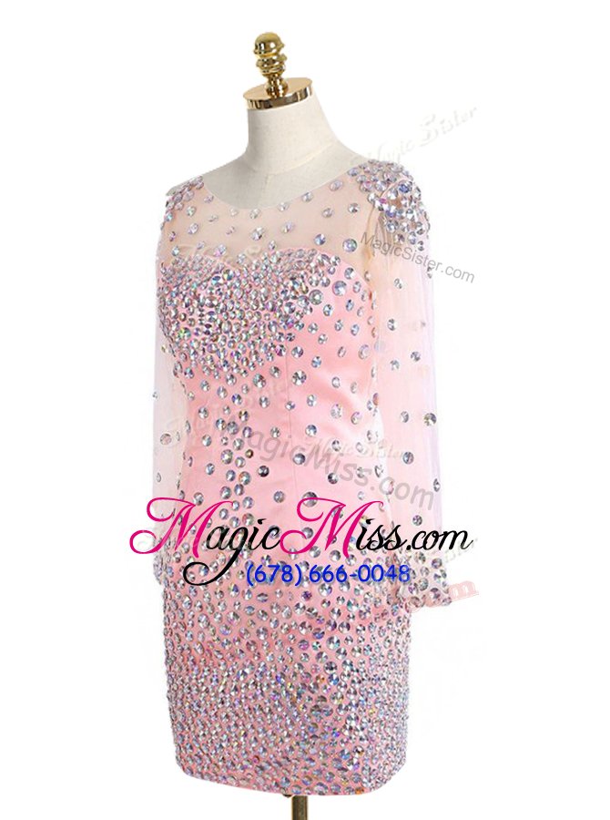 wholesale dramatic scoop pink long sleeves mini length beading zipper mother of the bride dress