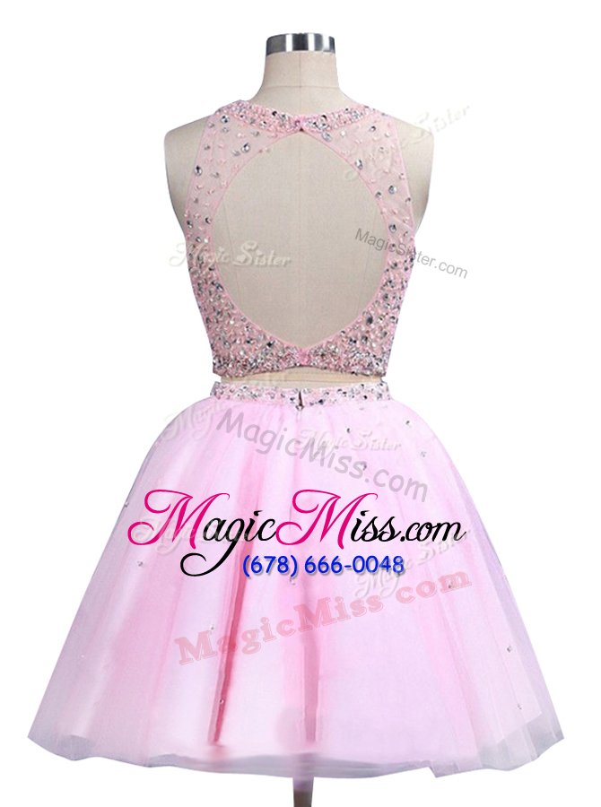 wholesale great scoop pink sleeveless knee length beading zipper party dress for girls