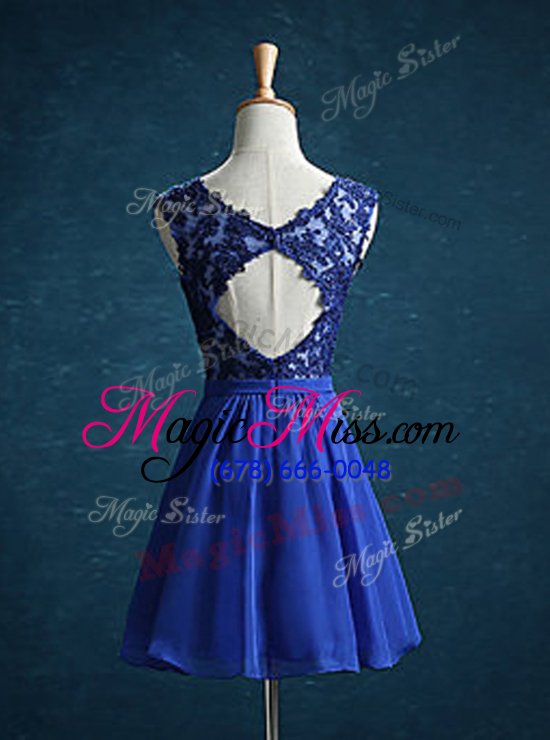 wholesale custom design a-line prom dresses royal blue v-neck chiffon sleeveless mini length zipper