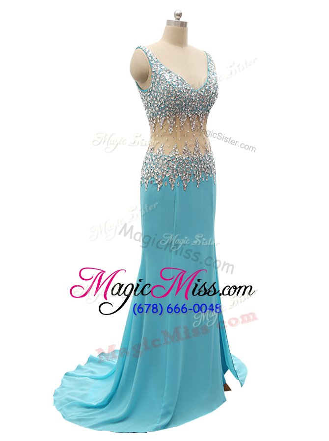 wholesale cheap mermaid blue prom dress v-neck sleeveless brush train zipper