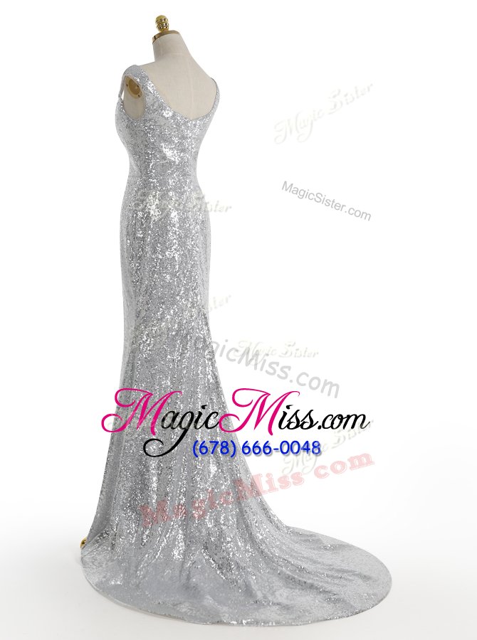 wholesale classical mermaid square silver sleeveless with train sequins zipper evening outfits