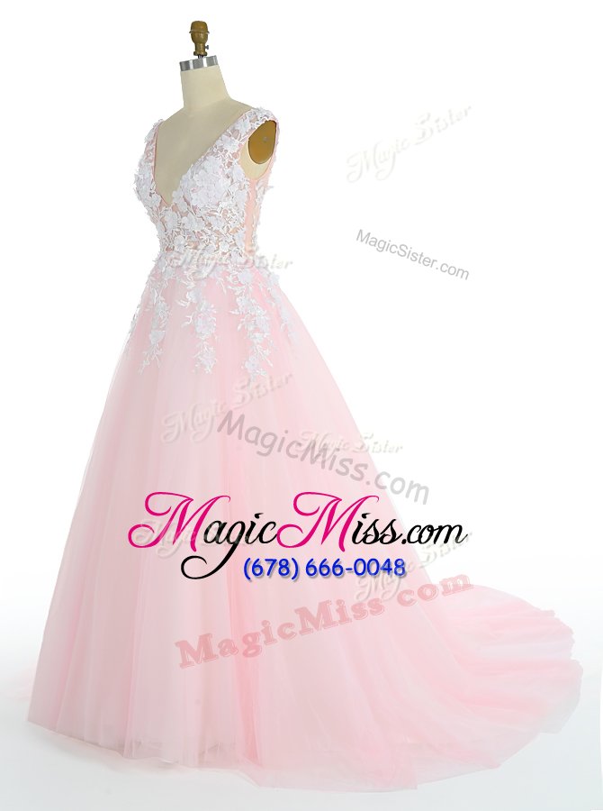 wholesale pink a-line v-neck sleeveless tulle with train sweep train zipper appliques